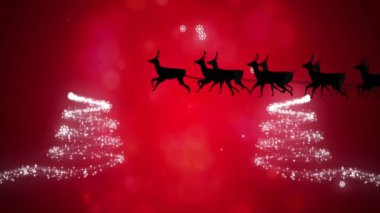 Noel Baba 'nın kızakta ve Noel ağacının üzerine yağan karla canlandırması. Noel ve kutlama konsepti, dijital olarak üretilen video.