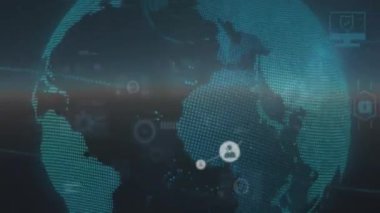 Veri işleme ve dünya üzerindeki bağlantı ağının animasyonu. İş, teknoloji ve dijital arayüz kavramı, dijital olarak oluşturulmuş video.