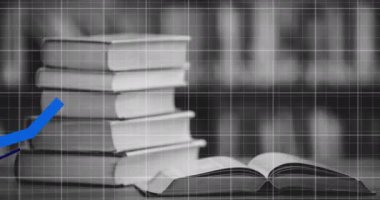 Kitap yığınının üzerinde grafik animasyonu ve kütüphanede açık kitap. Eğitim, öğrenme, okuma, edebiyat, bilgi, araştırma