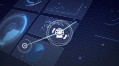 Simgelerle bağlantı ağı üzerinden veri işleme animasyonu. İş, teknoloji ve dijital arayüz kavramı, dijital olarak oluşturulmuş video.