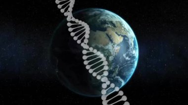 DNA ipliği uzayda Dünya 'nın etrafında dönüyor. Bilim, animasyon, teknoloji, dönüş, moleküler, biyoloji