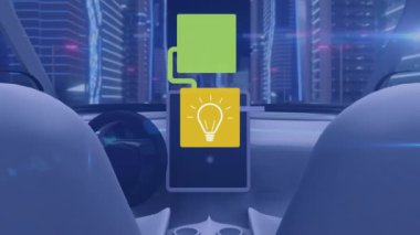 Akıllı şehir teknolojisi ikonları gelecekteki şehir manzarasına bağlanıyor. yenilik, bağlantı, ağ, altyapı, dijital