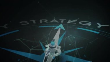 Veri işleme ile pusula döndürme ve strateji metninin animasyonu. Küresel finans, işletme, bağlantılar, hesaplama ve veri işleme kavramı, dijital olarak oluşturulmuş video.