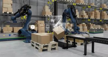 Depoda çalışan makinelerin üzerinde şema ve veri işleme animasyonları. Teknoloji, dağıtım ve dijital arayüz kavramı, dijital olarak oluşturulmuş video.