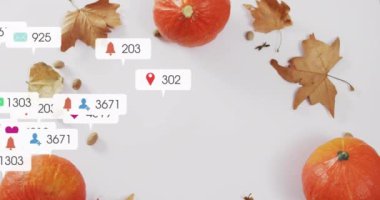 Sosyal medya etkileşimi sonbahar yaprakları ve balkabakları üzerine canlandırma simgeleri.