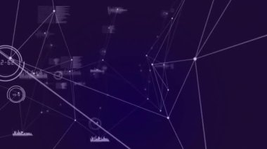 Ağ bağlantıları ve görselleştirme animasyonu koyu mor arkaplan üzerinde. Teknoloji, ağ, bağlantı, dijital, soyut, fütüristik