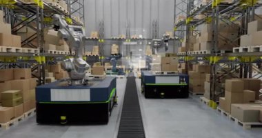 Depoda çalışan makinelerin üzerinde şema ve veri işleme animasyonları. Teknoloji, dağıtım ve dijital arayüz kavramı, dijital olarak oluşturulmuş video.