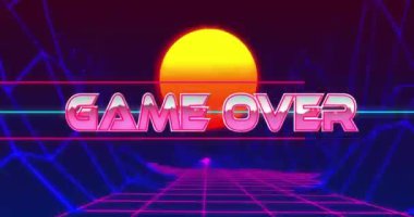 Oyun bitti metin animasyonu neon gün batımlı retro-gelecekçi şehir manzarası üzerine. tipografi, atari salonu, siber punk, dijital konsept