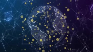 Mavi arka planda turuncu noktalar ve küre animasyonu. Teknoloji, renkler ve dijital arayüz konsepti, dijital olarak oluşturulmuş video.