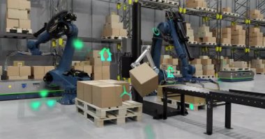 Depoda veri işleme ve ekoloji simgelerinin canlandırılması. Küresel dağıtım ve dijital arayüz kavramı, dijital olarak oluşturulmuş video.