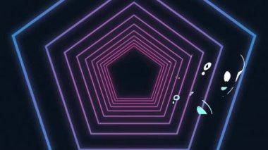 Neon altıgen tünel arkaplanı üzerine metin animasyonu VIBES. Fütürist, dijital, canlı