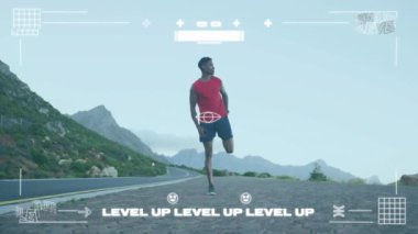 Dağ yolunda koşan, LEVEL UP LEVEL UP LEVEL kadar animasyon üst üste. fitness, outdoor, egzersiz, motivasyon, eğitim