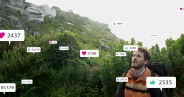 Yürüyüş, sosyal medya beğeni ve bilgilendirme animasyonlarıyla çevrili akıllı bakışları kontrol etmek. Teknoloji, açık hava