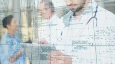 Tıbbi veri animasyonu işleniyor, hastanede çalışan sağlık uzmanları. takım çalışması