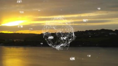 Geometrik ağ ve veri noktaları günbatımı manzarası üzerinde canlandırılıyor. Soyut, teknoloji, bağlantılar, veri görselleştirme, fütüristik kavram