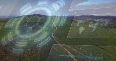 Yeşil manzaranın havadan görünüşü üzerinde geleceksel veri canlandırması. Teknoloji, yenilik, çevre, sürdürülebilirlik