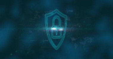 Siber güvenlik animasyonu, asma kilit ikonu ve dijital kodu olan bir kalkan gösteriyor. Koruma, şifreleme, teknoloji, güvenlik, veri, internet kavramı