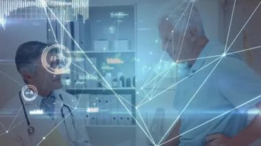 Hastaya danışmanlık, ağ bağlantıları ve veri işleme animasyonu olan bir doktor. Sağlık, teknoloji, danışma, ağ, yenilik, tıbbi