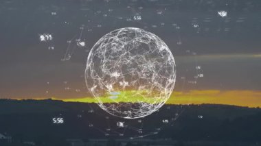 Ağ bağlantıları olan dijital bir küre, günbatımı manzarası üzerinde bir animasyon. Teknoloji, bağlantı, yenilik, iletişim, siber
