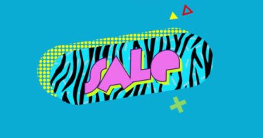 Mavi arkaplanda renkli geometrik şekiller üzerinde satılık metin animasyonu. Pazarlama, reklam, canlı, promosyon, dinamik, modern konsept