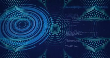 Mavi dairesel desenler ve dalga formları üzerinde kodlama ve veri işleme animasyonu. Teknoloji, dijital, gelecekçi