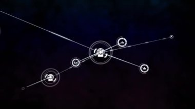 Karanlık arkaplan üzerinde birbirine bağlı simgeler ve veri işleme animasyonu ağı. Teknoloji, dijital, geleceksel, bilgi