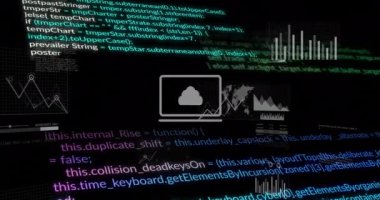 Siyah arkaplanda dijital veri işleme animasyonu. Küresel iş, bağlantılar, hesaplama ve veri işleme kavramı, dijital olarak oluşturulmuş video.