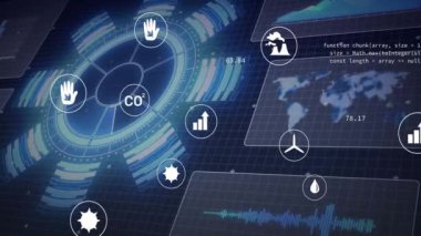 Ekolojik simgelerin ve dijital veri işlemlerinin kapsam ve ekranlarda canlandırılması. Küresel bağlantılar, hesaplama ve veri işleme kavramı, dijital olarak oluşturulmuş video.