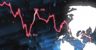 Dünya çapında finansal veri işleme animasyonu. Küresel finans, işletme, bağlantılar, hesaplama ve veri işleme kavramı, dijital olarak oluşturulmuş video.