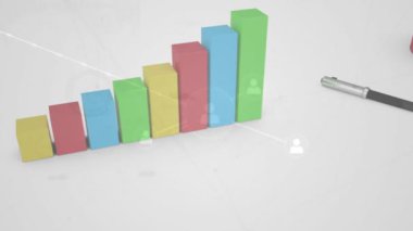 Pasta şeması ve ağ bağlantıları kahve ve not defteriyle ofis masasının üzerinde. Veri, analitik, iş, teknoloji