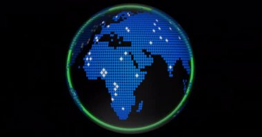 Mavi noktalı dijital dünya ve siyah arkaplanda ağ bağlantıları. Global, teknoloji, bağlantı, fütüristik, internet, iletişim