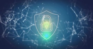 Mavi arkaplanda asma kilit simgesiyle bağlantı ve veri işleme ağının animasyonu. Küresel bağlantılar, hesaplama ve veri işleme kavramı, dijital olarak oluşturulmuş video.