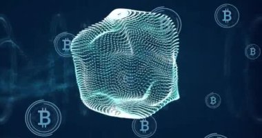 Bitcoin sembolleri ve dijital ağ yapısı, kripto para animasyonunu gösteriyor. blockchain, finans, teknoloji, futuristik, sanal, ağ