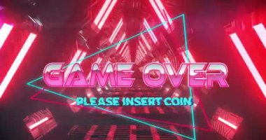 Oyun Bitti metin animasyonu neon ışıkları ve lütfen bozuk para iletisi ekle. Oyun, retro, arcade, 80 'ler, tipografi, flaş