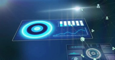 Haritalar ve simgelerle mavi dijital arayüz üzerinde tıbbi veri işleme animasyonu. Teknoloji, sağlık hizmetleri