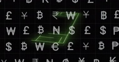 Neon spor alanı üzerinde döviz sembolleri ve veri işleme animasyonları. Küresel bağlantılar, hesaplama ve veri işleme kavramı, dijital olarak oluşturulmuş video.