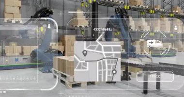 Depoda çalışan makinelerin üzerinde şema ve veri işleme animasyonları. Teknoloji, dağıtım ve dijital arayüz kavramı, dijital olarak oluşturulmuş video.