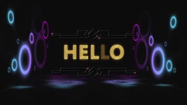 Neon desenli arka planda merhaba mesajı animasyonu. Küresel video oyunu, sosyal medya, dijital arayüz, iletişim, hesaplama ve veri işleme kavramı, dijital olarak oluşturulmuş video.