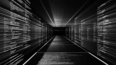 Kodlama animasyonu ve dijital veri akışları gelecekteki koridorda akıyor. Teknoloji, siber, sanal