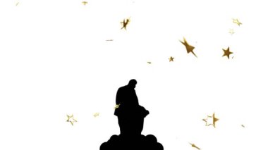 Düşen altın yıldız animasyonunun üzerinde şapkasını tutan kişinin silueti. Kutlama, şenlikli, büyülü, rüya gibi