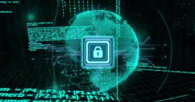 Tüm dünyada asma kilit ikonu ve veri işleme animasyonu. Küresel siber güvenlik, bağlantılar, hesaplama ve veri işleme kavramı, dijital olarak oluşturulmuş video.