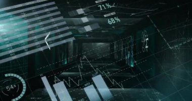 Grafikler ve pasta grafikleri karanlık koridor üzerinde test yüzdeleriyle birlikte. Veri, analitik, istatistik, görselleştirme, teknoloji, dijital