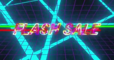 Parlak çizgileri olan neon şebeke arkaplanı üzerinde Flash Sale metin animasyonu. dijital, canlı
