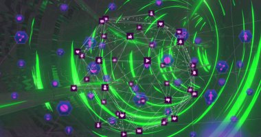Renkli ikonlar ve parlayan yeşil tünellerle oluşan dijital arayüz görüntüsü. Dijital olarak oluşturulan küresel bağlantı ağı teknolojisi kavramı.