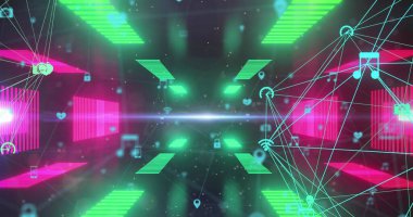 Dijital simgelerin, neon tünellere karşı pürüzsüz bir şekilde dönen görüntüsü. Küresel ağ ve iş teknolojisi kavramı