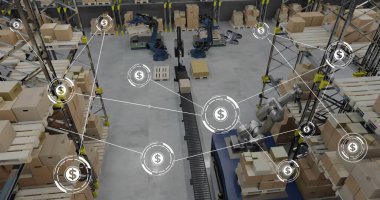 Deponun üzerindeki simgelerle bağlantı ağının resmi. Depolama, teknoloji ve dijital arayüz kavramı, dijital olarak oluşturulmuş görüntü.