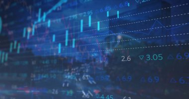 Borsa görüntüsü, istatistiksel veri işleme gece şehir trafiğinin hava görüntüsüne karşı. Küresel ekonomi ve iş veri teknolojisi kavramı