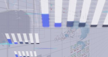 Finansal veri işleme resmi ve ışık arkaplanı üzerindeki istatistikler. Küresel istatistik, hesaplama ve veri işleme kavramı dijital olarak oluşturulmuş resim.