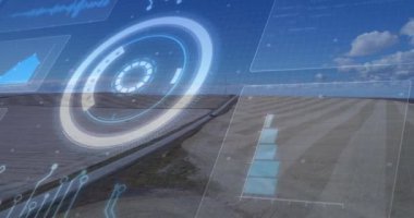 Çöl manzarasının hava görüntüsü üzerinde geleceksel veri arayüzü animasyonu. Teknoloji, yenilik