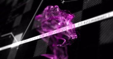 Siyah arkaplandaki veri işleme üzerinde mor noktaların canlandırılması. Desen, teknoloji ve dijital arayüz kavramı, dijital olarak oluşturulmuş video.